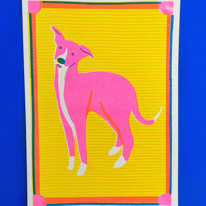 Naomi Wilkinson A5 mini print: a pink whippet on yellow