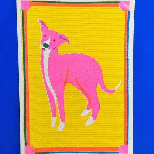 Naomi Wilkinson A5 mini print: a pink whippet on yellow