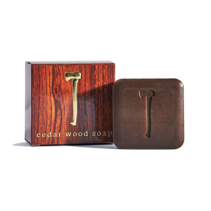 Kalastyle cedar wood soap bar stamped with an axe beside its wood-grain box