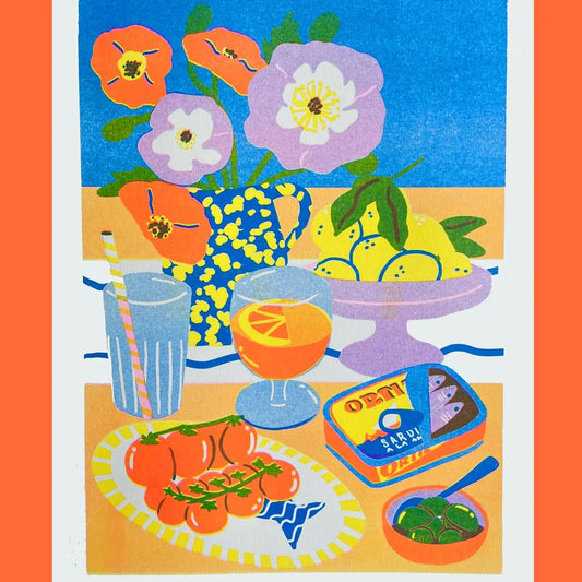 Naomi Wilkinson A4 riso print: a still life of flowers, sardines, lemons and a drink on a table