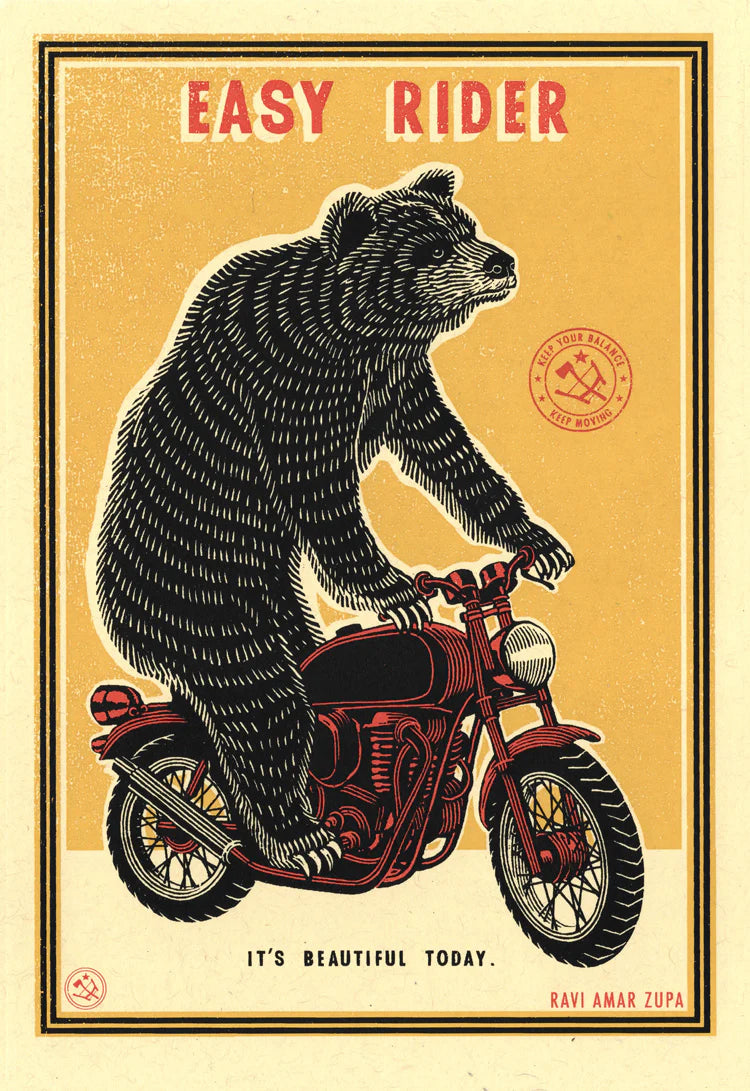 Print of a bear riding a motorbike: Easy rider, it's beautiful today
