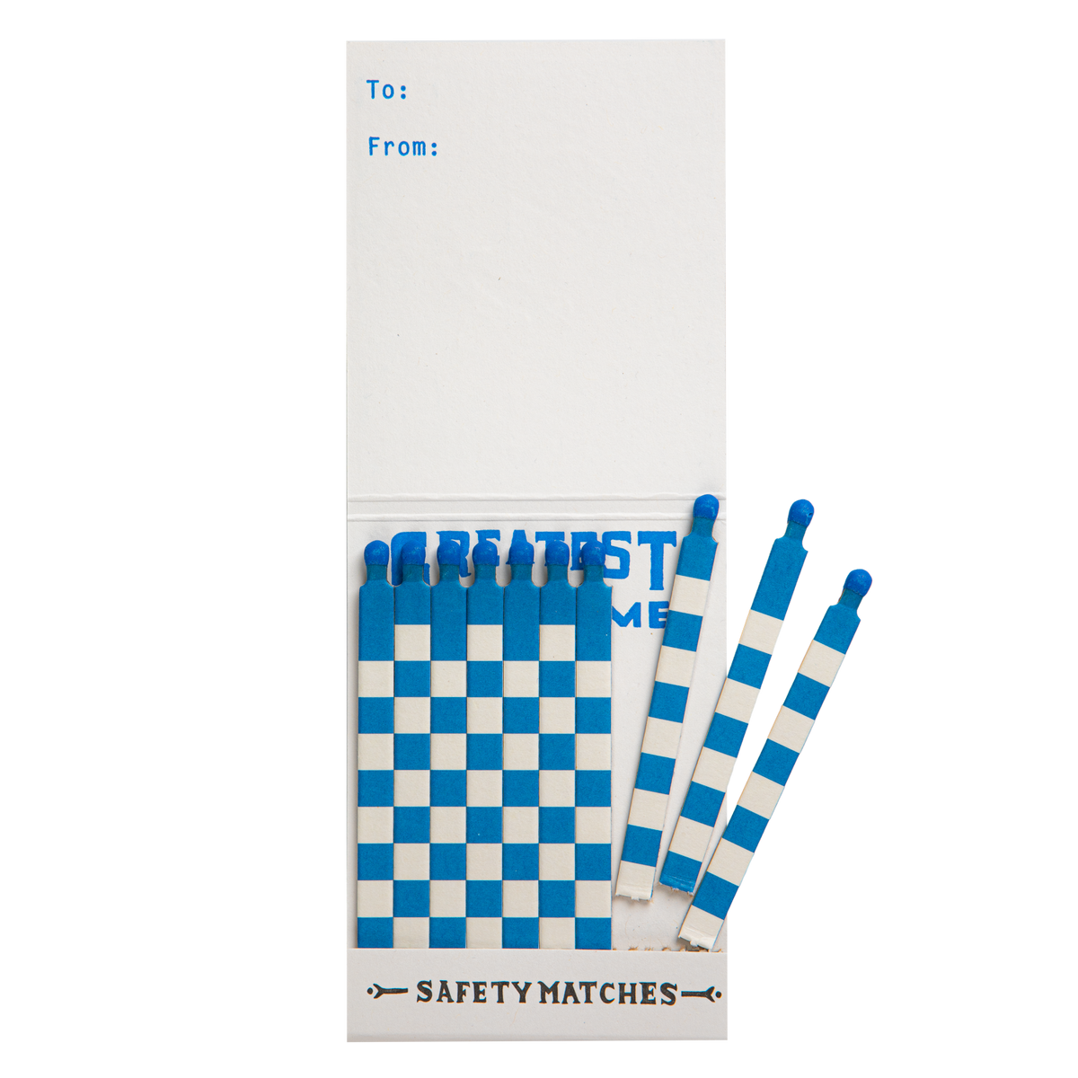 Inside the Greatest Of All Time match book with blue and white matches and a To/From space