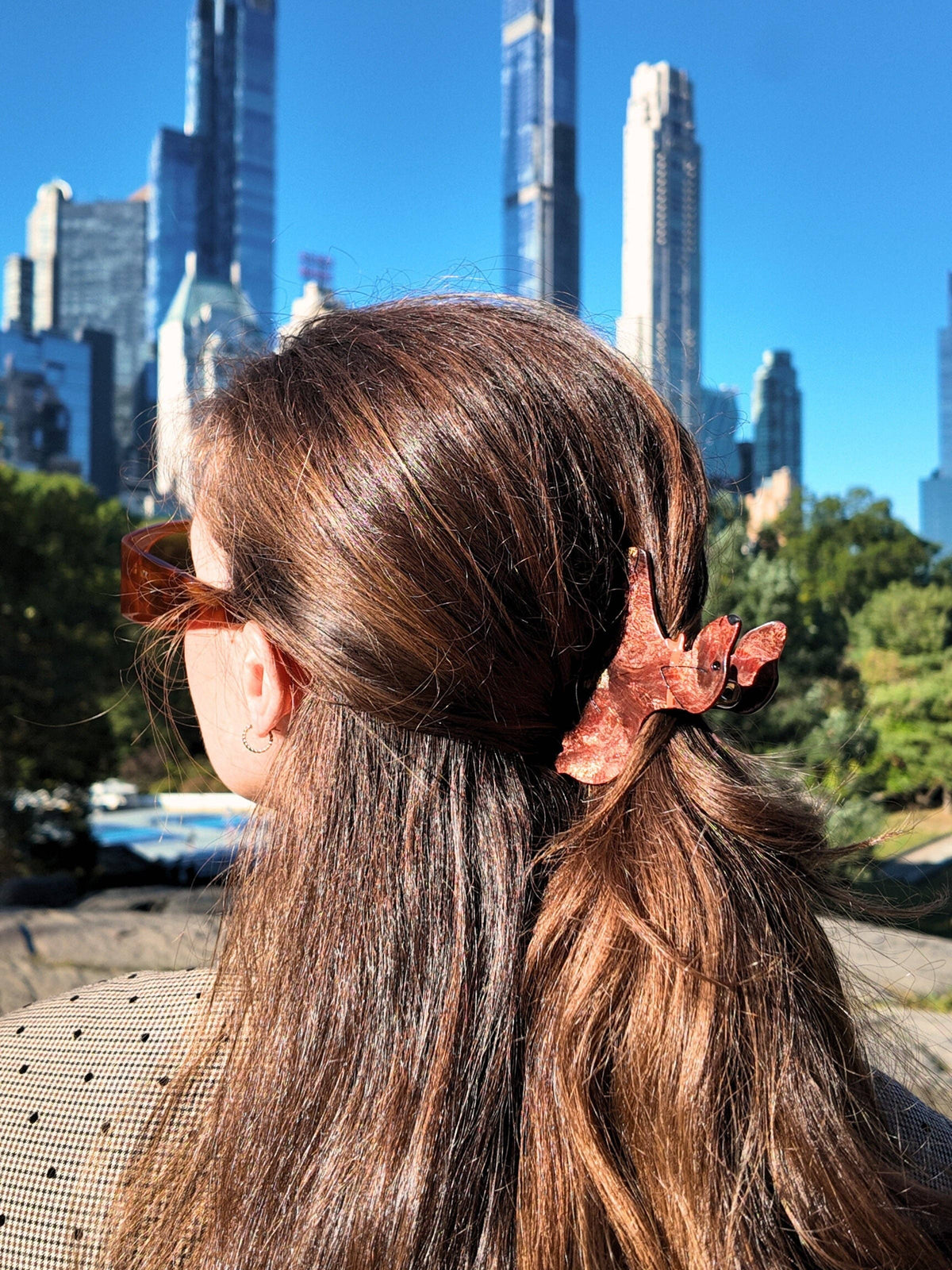 Long brown hair held back with the dachshund claw clip, in a city park
