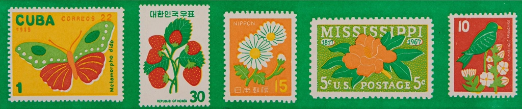 Box lid printed with a row of vintage-style postage stamps of fruit and flowers