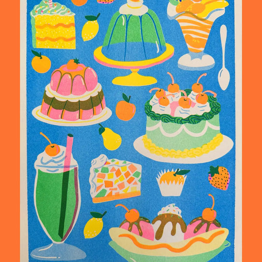 Naomi Wilkinson A3 print: colourful desserts including jelly, trifle, cake, a banana split and a milkshake on blue
