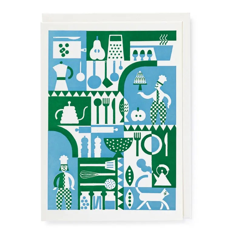 Card with a blue and green kitchen pattern of cooks, kettles, pans, utensils and a cat