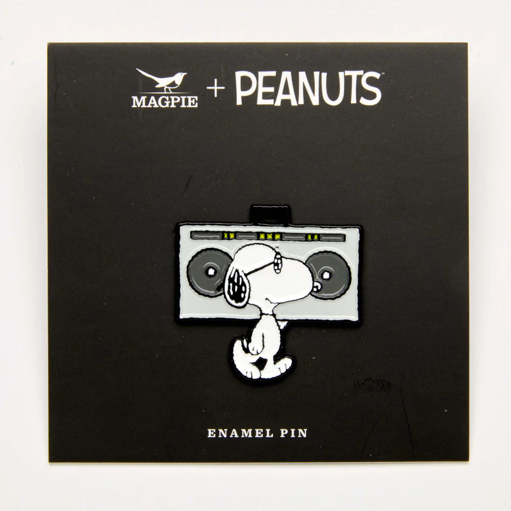 Snoopy boombox pin on its black Magpie x Peanuts card
