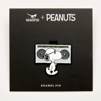Snoopy boombox pin on its black Magpie x Peanuts card