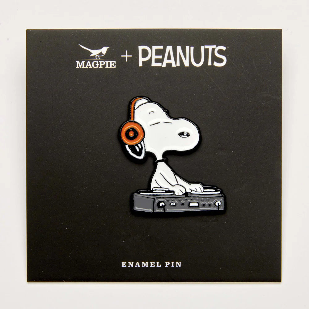 Snoopy DJ enamel pin on its black Magpie x Peanuts card