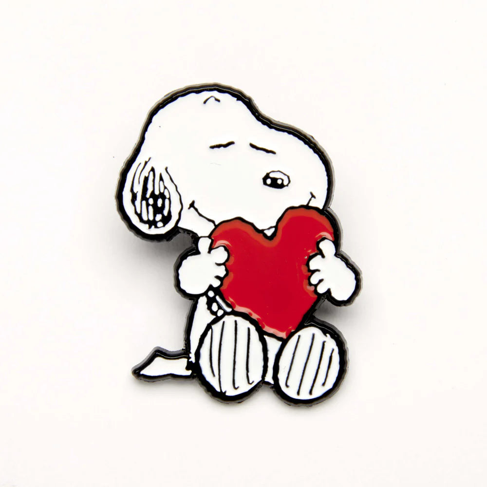 Peanuts Give Hugs enamel pin: Snoopy hugging a red heart