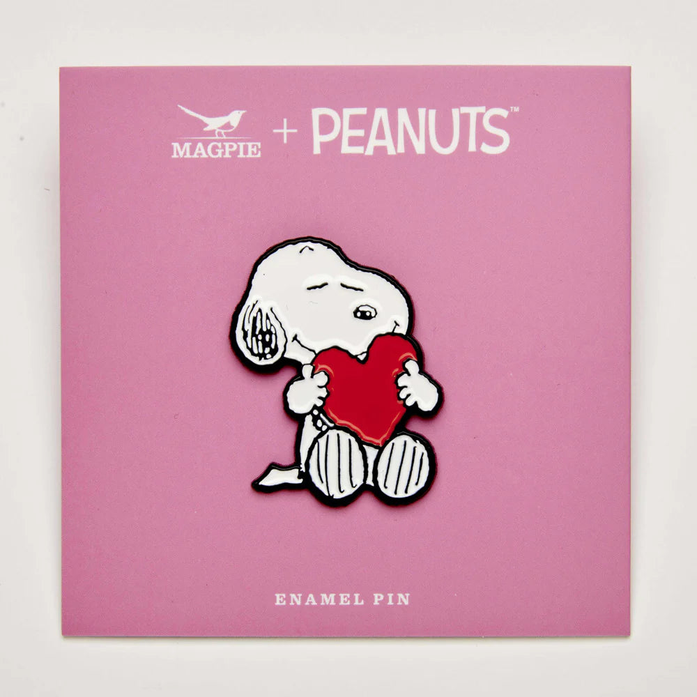 Snoopy heart pin on its pink Magpie x Peanuts card