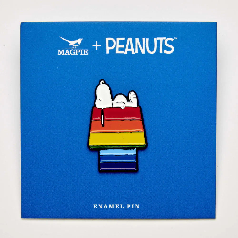 Snoopy rainbow house pin on its blue backing card