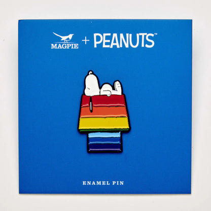 Snoopy rainbow house pin on its blue backing card