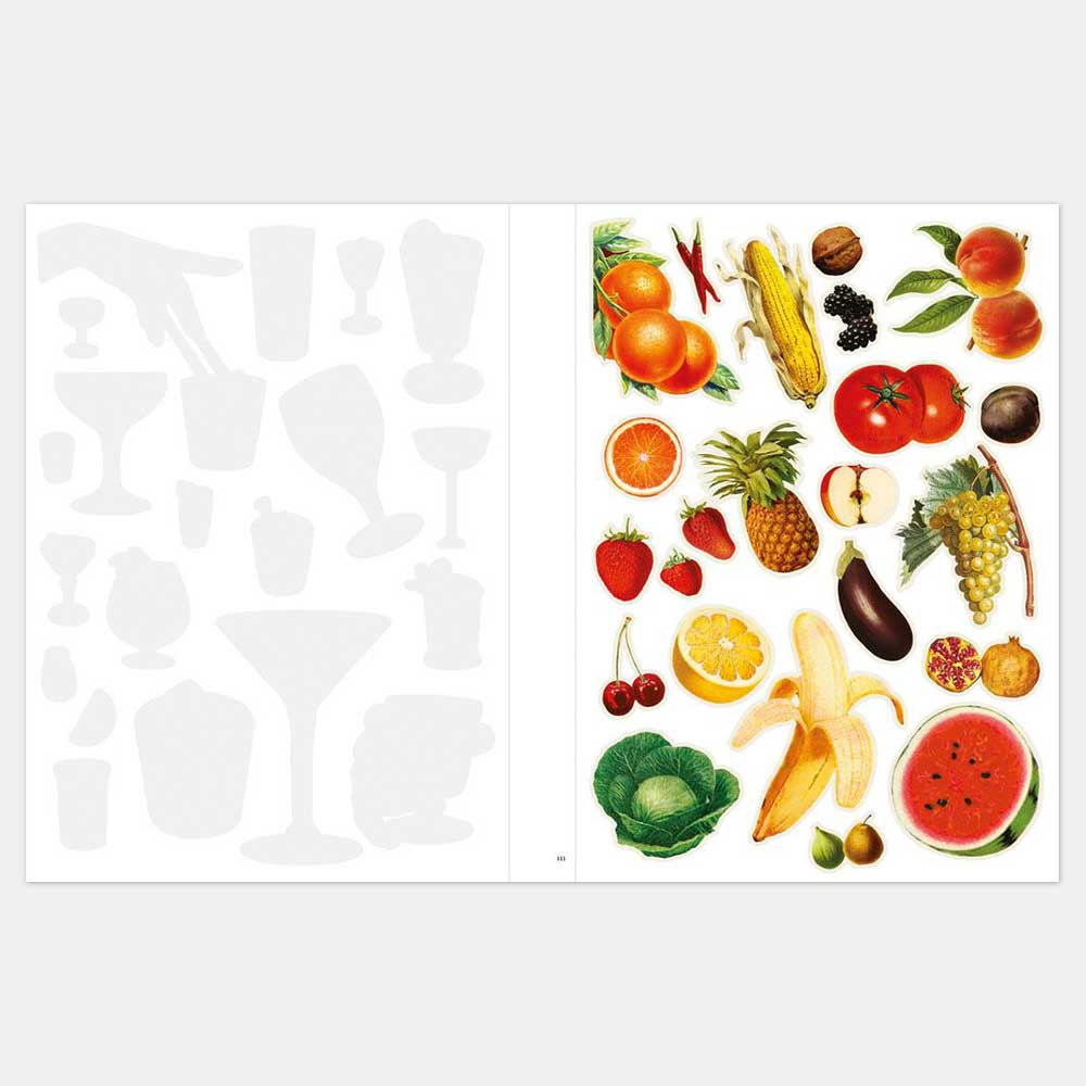 Inside pages of the collage book with fruit and vegetables to cut out