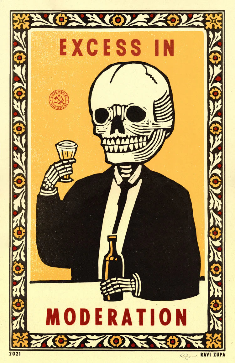 Screenprint of a skeleton in a suit with a glass of wine: Excess in moderation