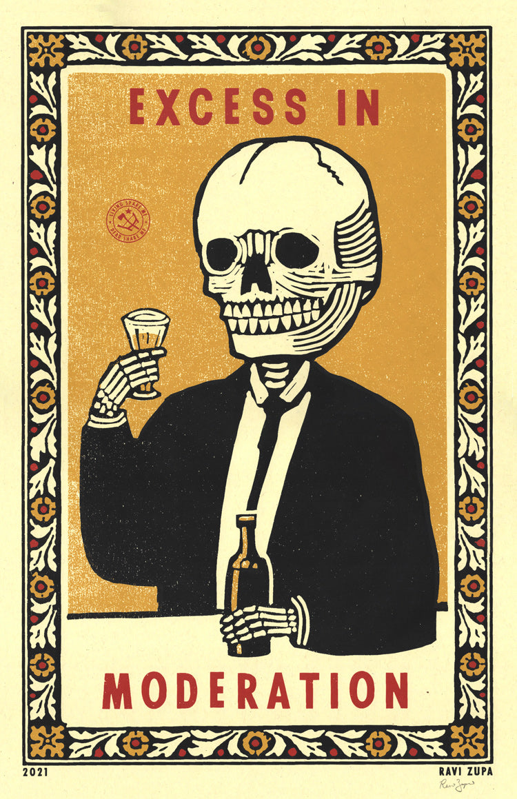 Screenprint of a skeleton in a suit holding a glass and a bottle: Excess in moderation