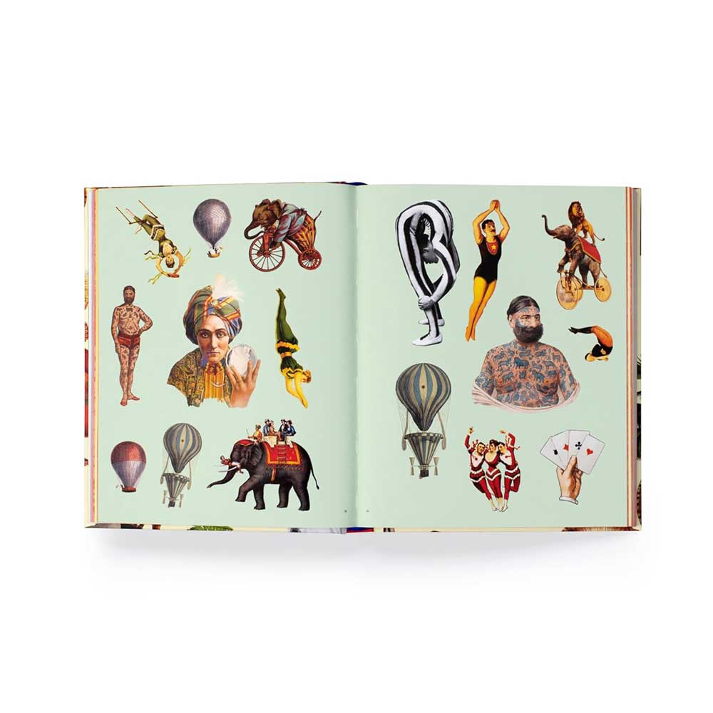 Sticker pages of hot air balloons, an elephant and figures