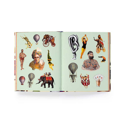 Sticker pages of hot air balloons, an elephant and figures