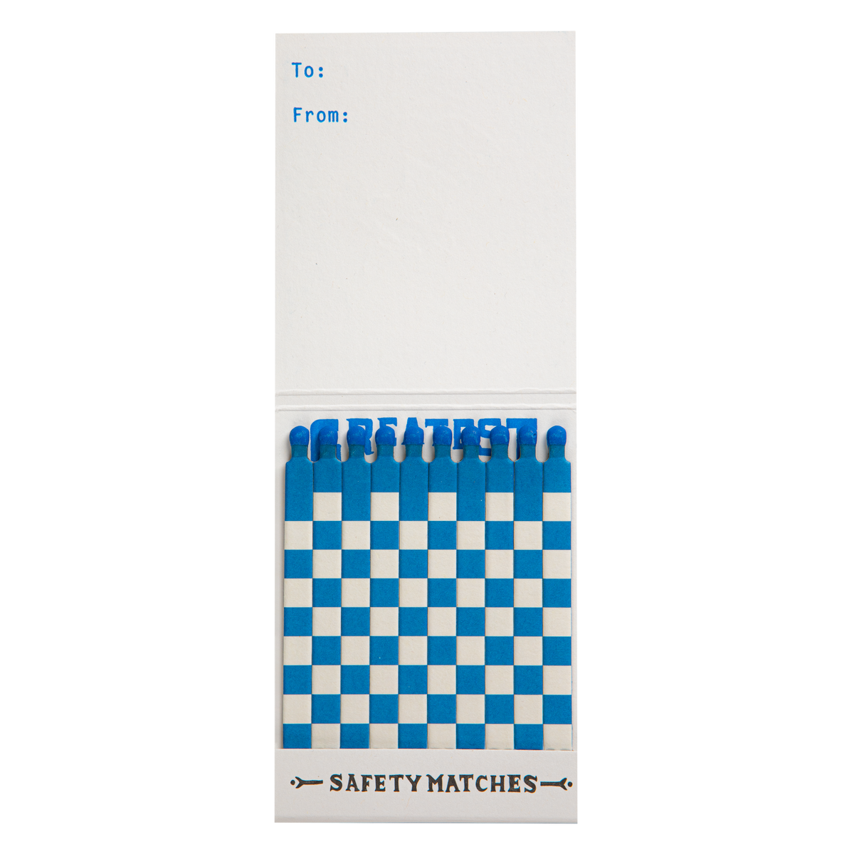 Greatest Of All Time match book open with a few blue and white matches pulled out