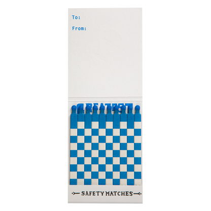Greatest Of All Time match book open with a few blue and white matches pulled out