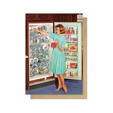 Retro card of a woman at a fridge full of disco balls
