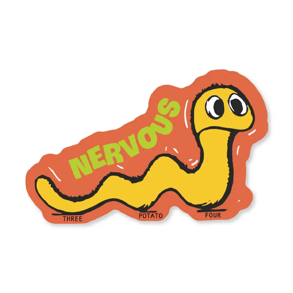 Three Potato Four sticker: a yellow worm with big eyes and 'Nervous' in green