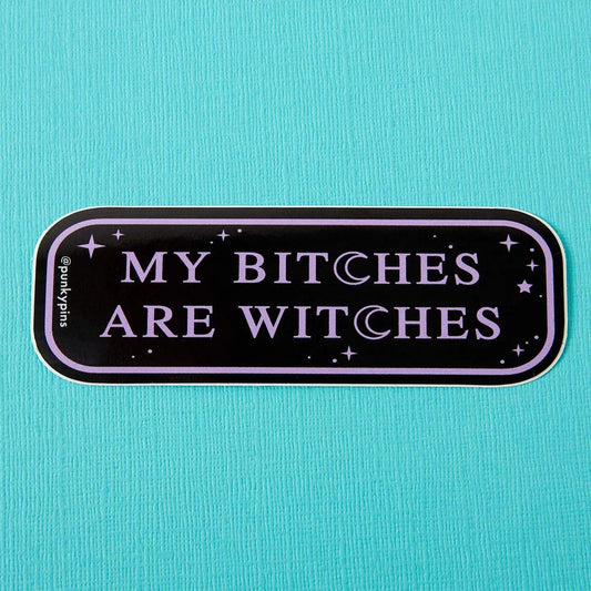Punky Pins sticker in black and lilac reading 'My bitches are witches'