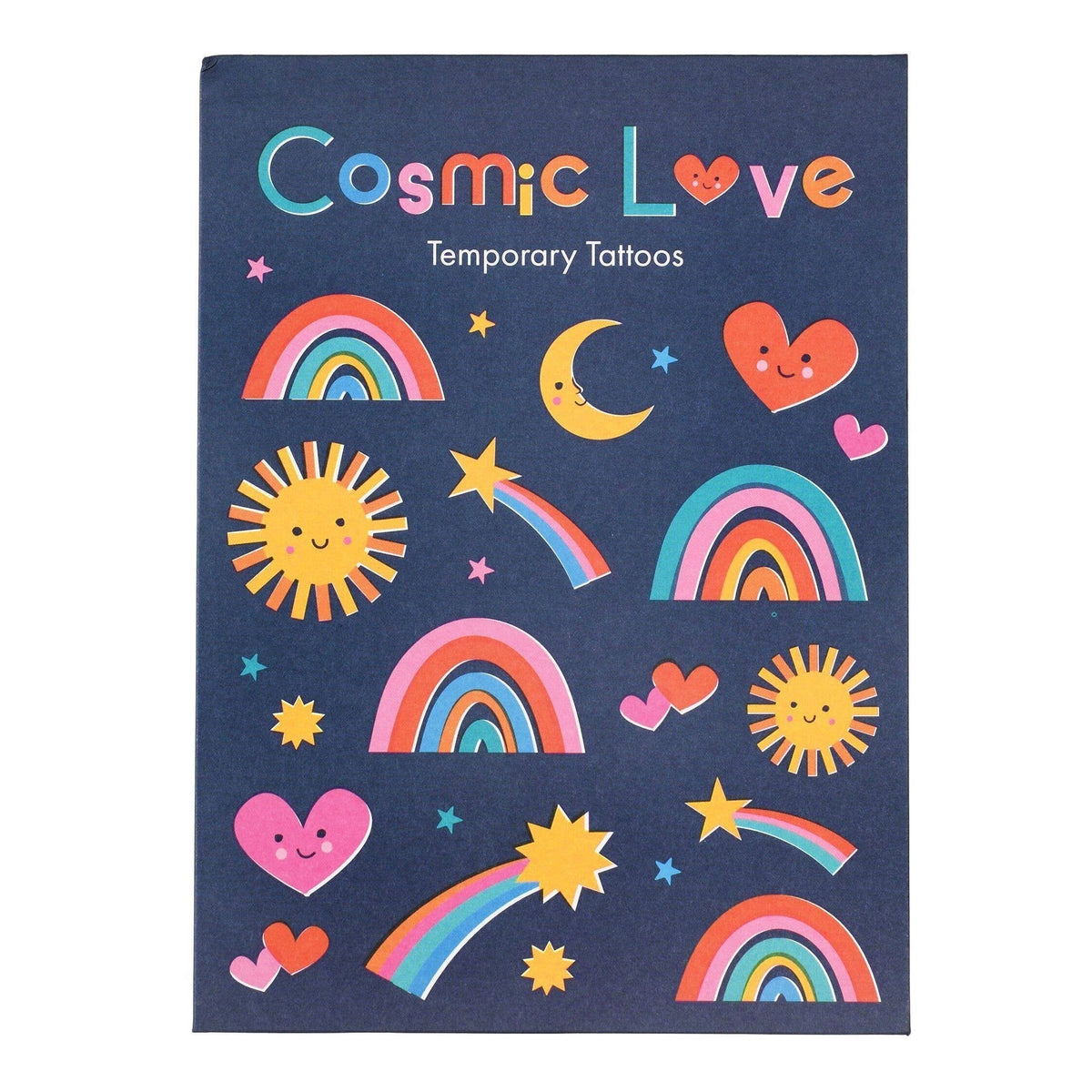 Cosmic Love temporary tattoos pack with rainbows, suns and hearts