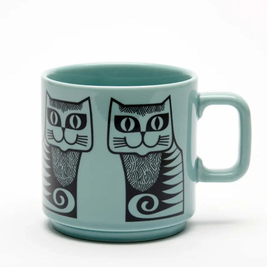 Teal Magpie x Hornsea mug printed in black with two stylised cats with swirly tails