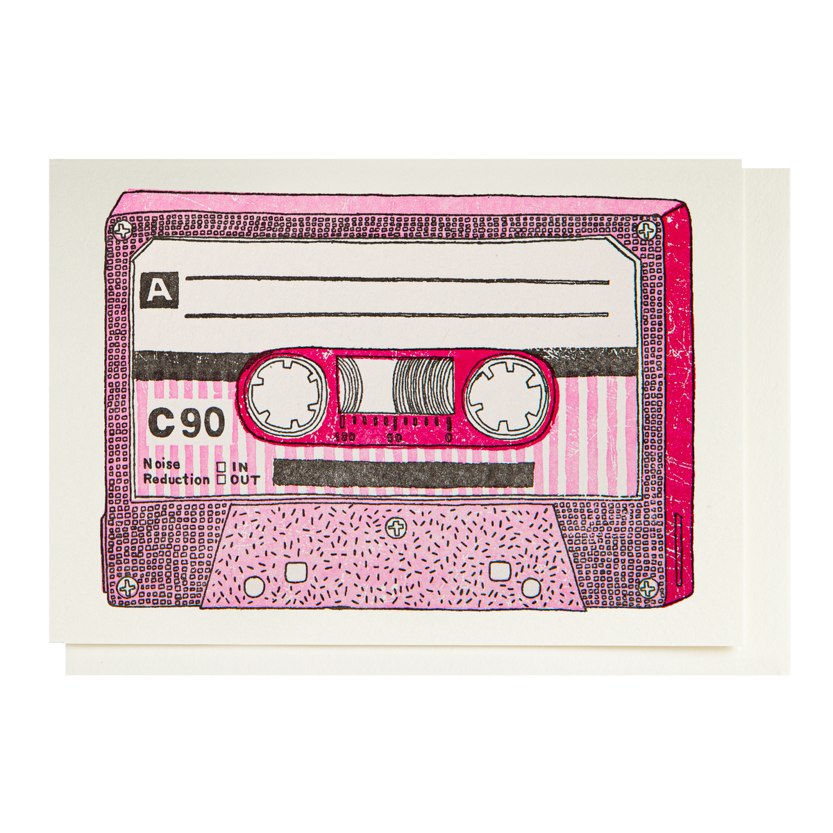 Card with a pink C90 cassette tape