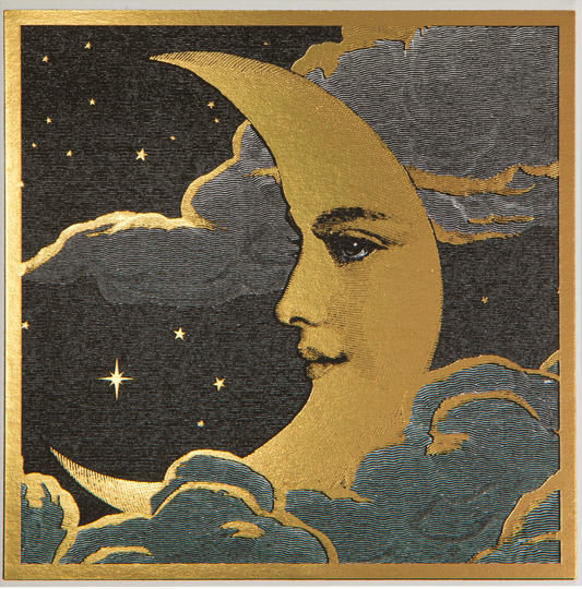 Archivist Land of Nod matches: a golden crescent moon face among clouds and stars