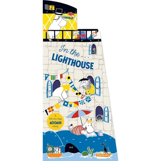 In the Lighthouse lift-the-flap Moomin board book cover, shaped like a lighthouse