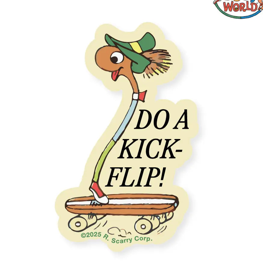 Richard Scarry sticker: Lowly Worm on a skateboard, with 'Do a kick-flip!'