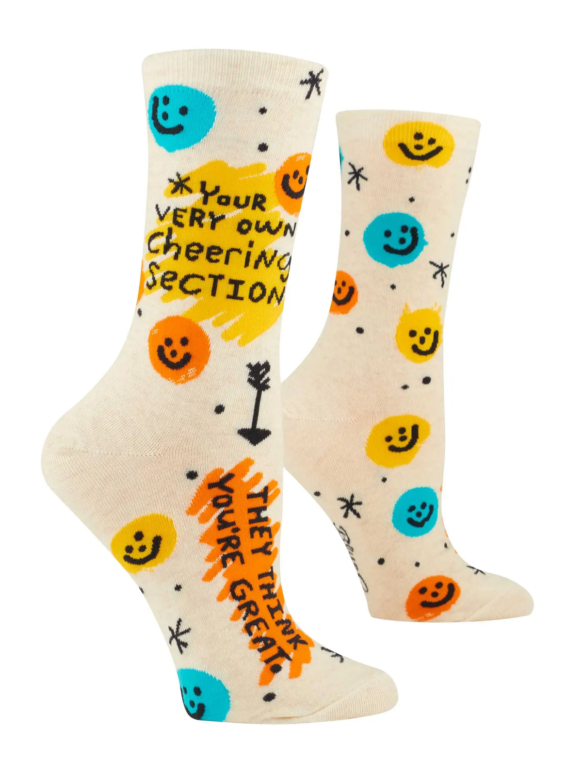Cream women's socks with smiley faces: Your very own cheering section, they think you're great
