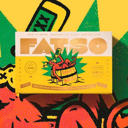 Fatso Drunk'n Monkey chocolate: spiced rum, banana chip and salted cracker, in yellow packaging with a monkey in a barrel