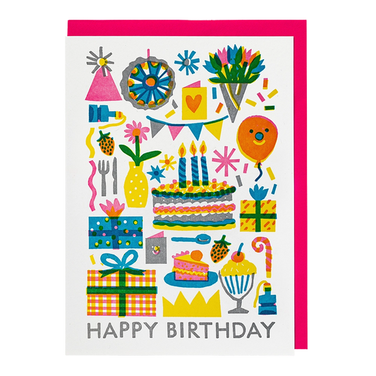 Archivist card: a colourful pattern of cakes, presents, bunting and balloons, with 'Happy birthday'