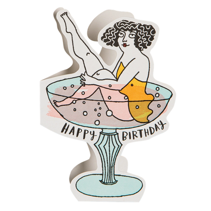 Archivist cut-out card shaped like a cocktail coupe with a woman bathing in it, with 'Happy birthday'
