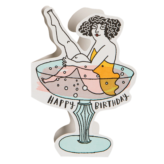 Archivist cut-out card shaped like a cocktail coupe with a woman bathing in it, with 'Happy birthday'