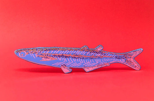 Blue leather sardine bookmark on a red background