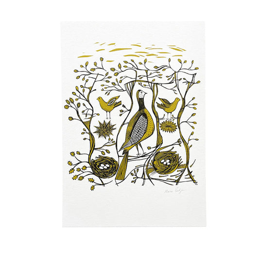 Lush Designs A3 print: game birds among trees and nests in yellow and black