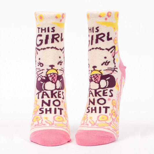 Cream ankle socks with a cat eating ice cream: This girl takes no shit
