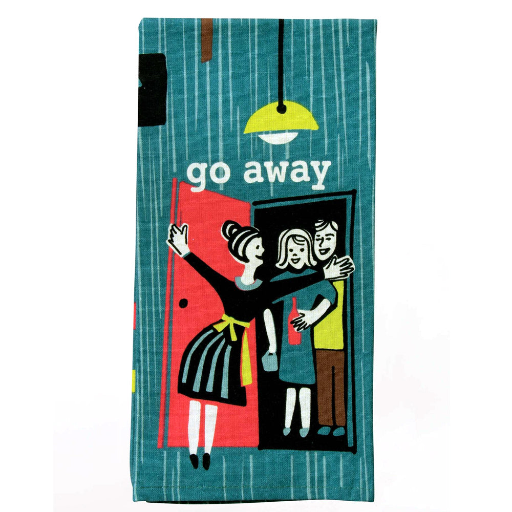 Teal tea towel with two people peering round a red door: go away