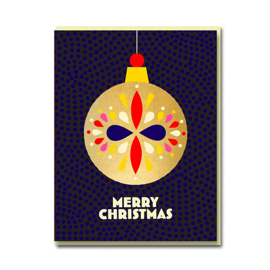 1973 card: a gold bauble on navy with 'Merry Christmas'