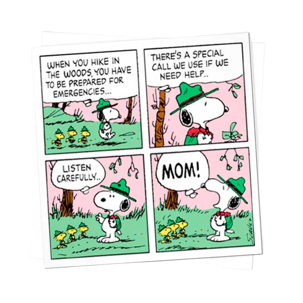 Peanuts comic-strip card: Snoopy and Woodstock calling "Mom!"