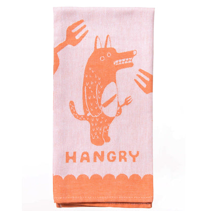 Pink tea towel with an orange wolf holding a knife and fork: Hangry