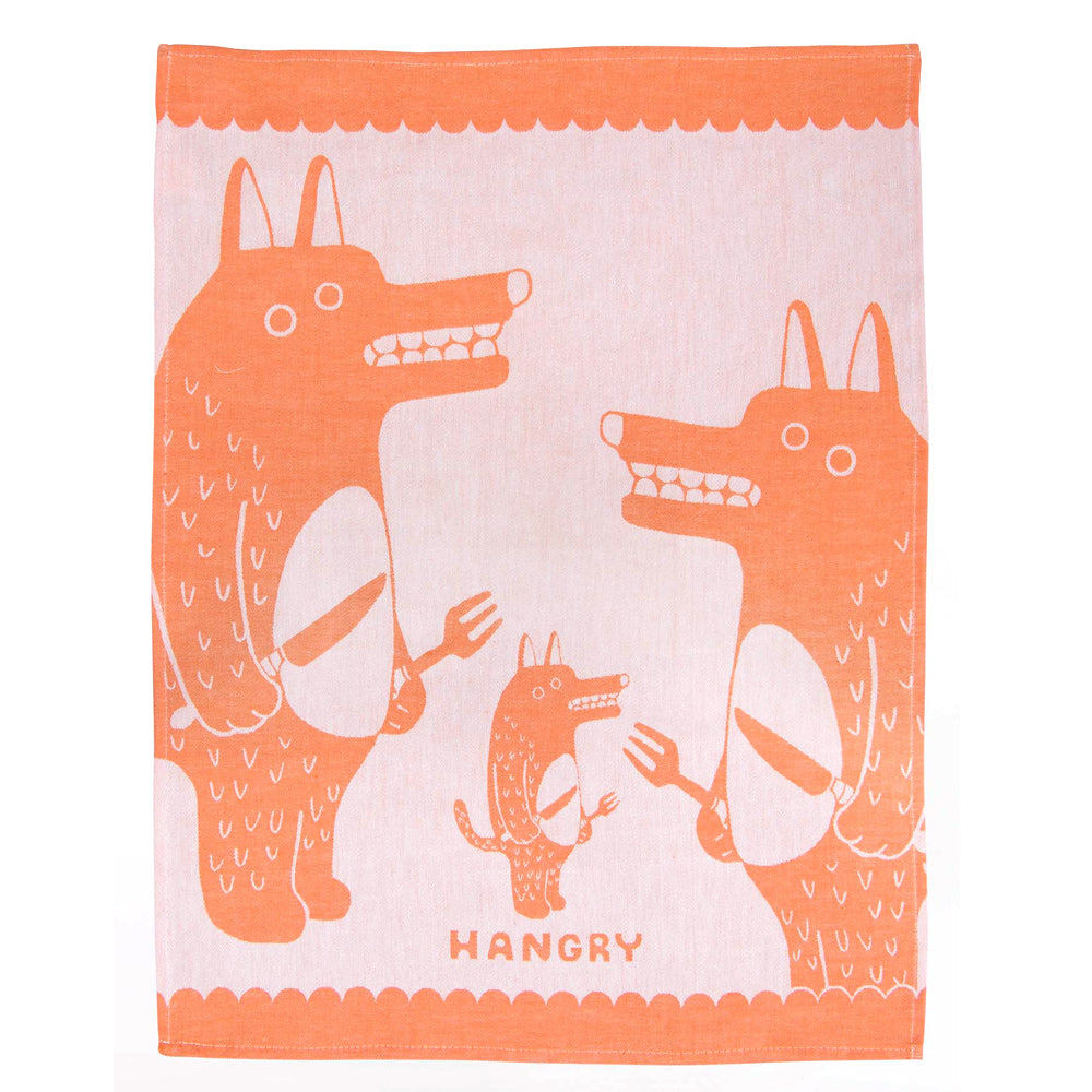 Hangry tea towel with a wolf family