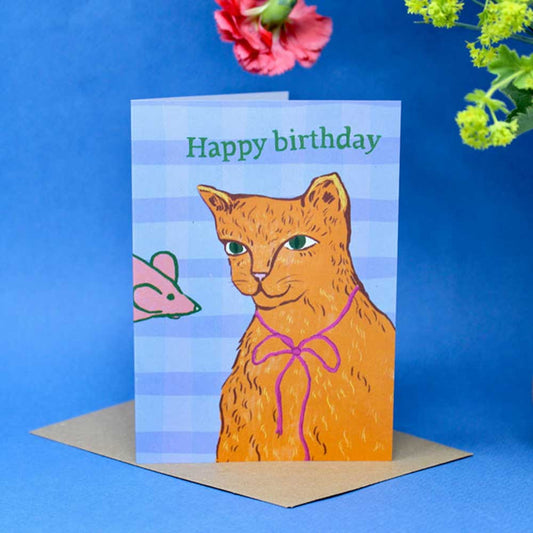 Ark card: an orange cat with a bow watching a pink mouse, with 'Happy birthday'
