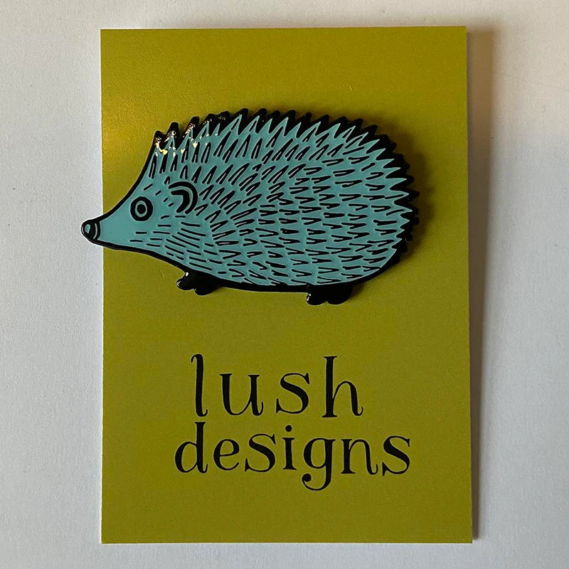 Hedgehog badge on its green Lush Designs card