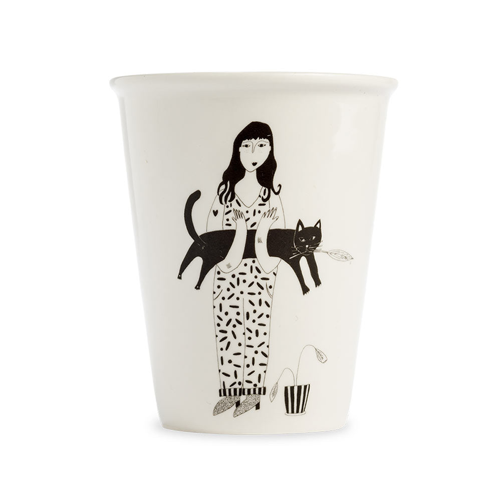 Helen B white cup with a line drawing of a woman holding a black cat