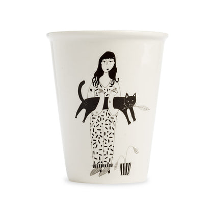 Helen B white cup with a line drawing of a woman holding a black cat